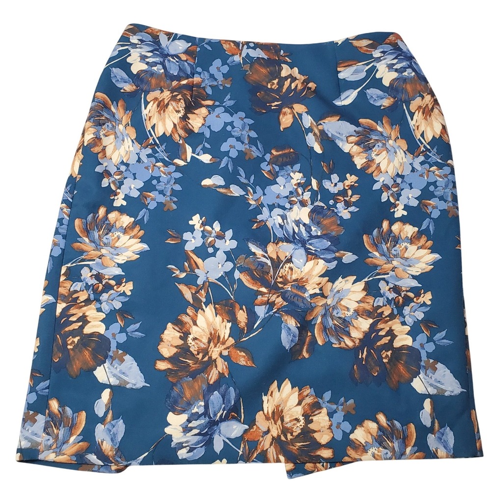 Talbots Floral Pencil Skirt Women 12W  Turquoise Blue Brown Business Casual Work